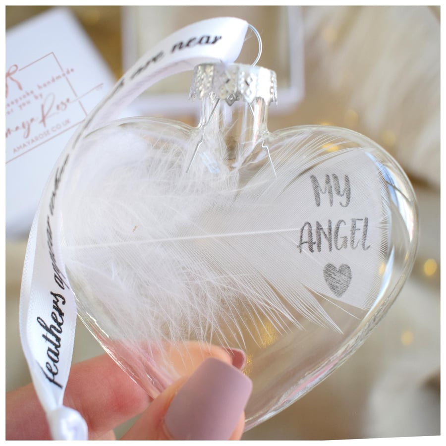 Image of My Angel Memorial Feather Bauble, Heart Glass Christmas Ornament, In Loving Memo