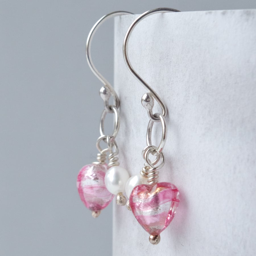 Raspberry Pink Striped Murano Heart & Pearl Earrings on Sterling Silver Wires