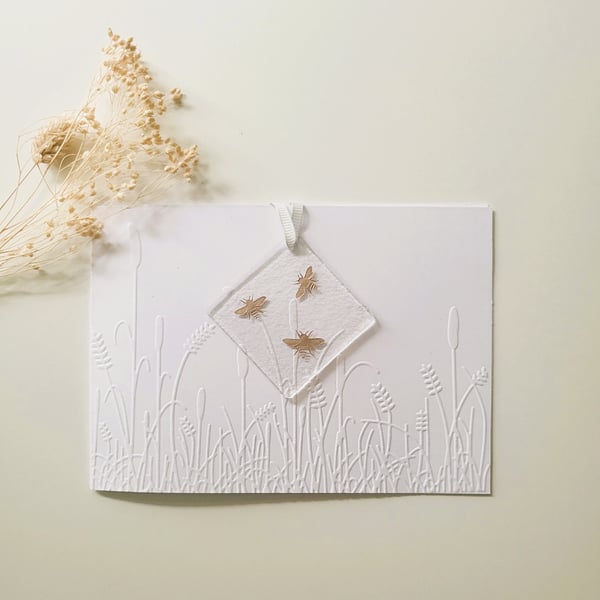 Fused Glass Bee Hanger on Embossed Meadow Greetings Card 