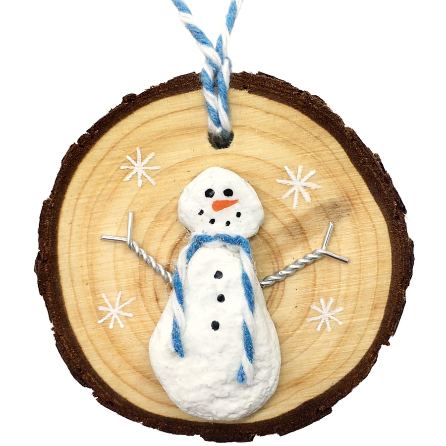 Snowman Beach Pebble Christmas Tree Decorations. Wooden Bauble Seaside Ornaments