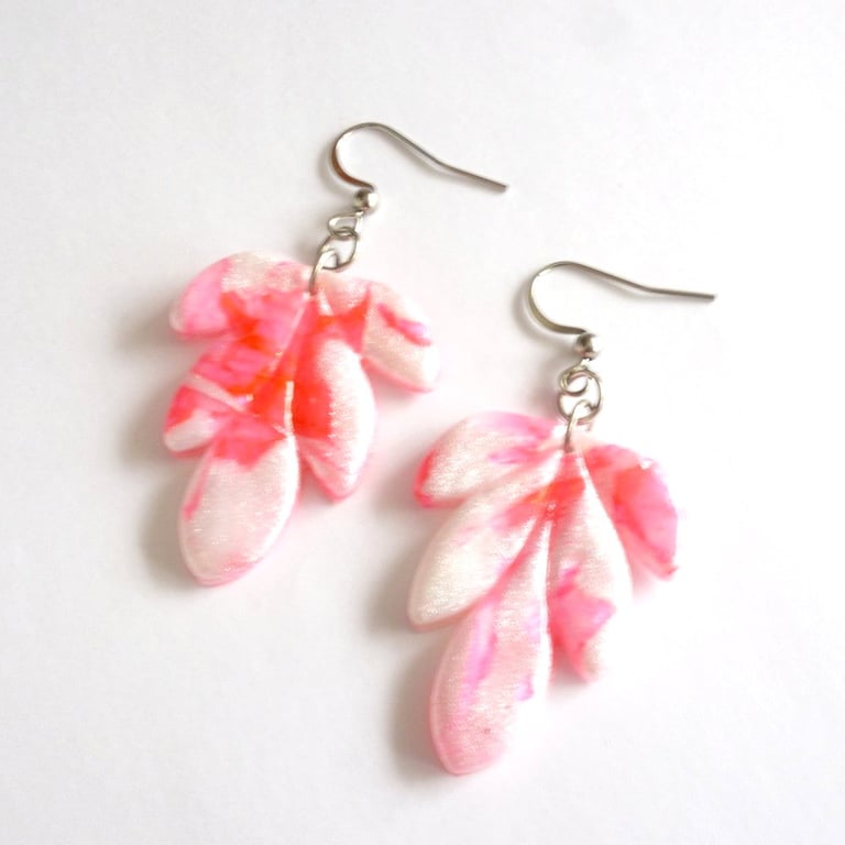 Rose Pink & White Leaf Polymer Clay Earrings, Marbled Botanical Dangles