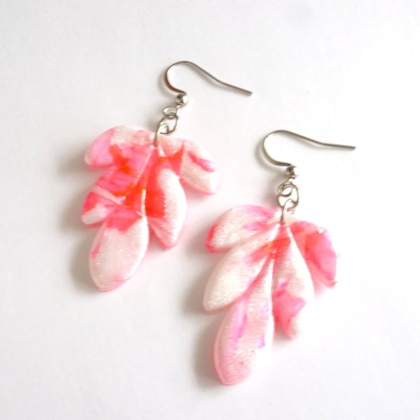 Rose Pink & White Leaf Polymer Clay Earrings, Marbled Botanical Dangles