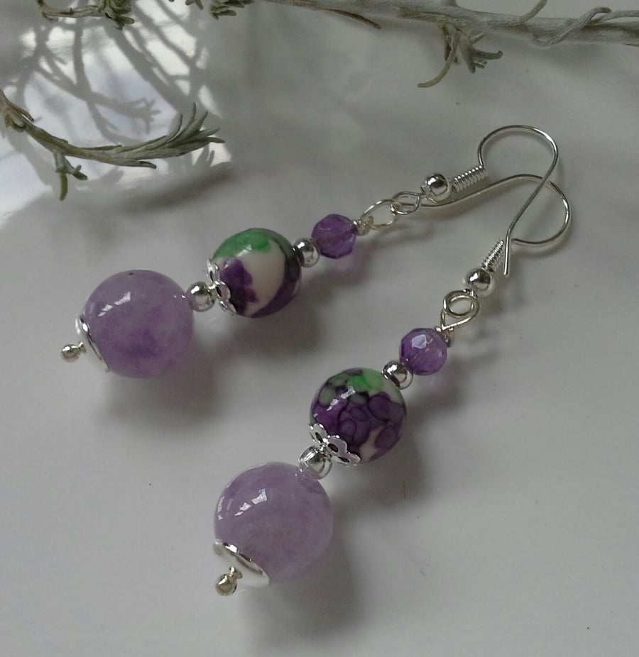 Designer Lavender Amethyst , Faceted Amethyst & Variscite Earrings