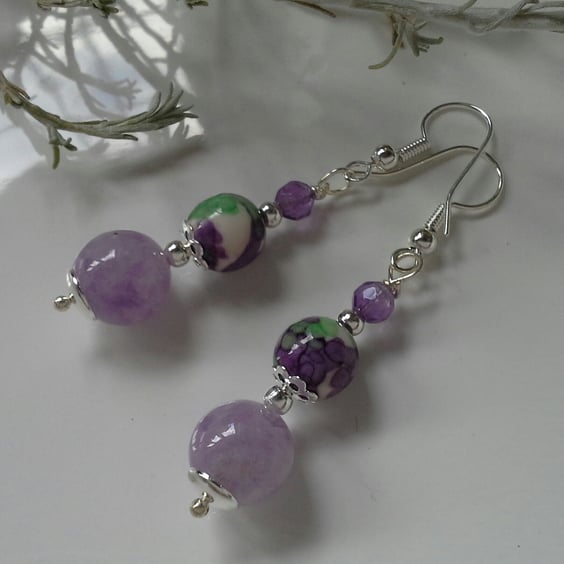 Designer Lavender Amethyst , Faceted Amethyst & Variscite Earrings