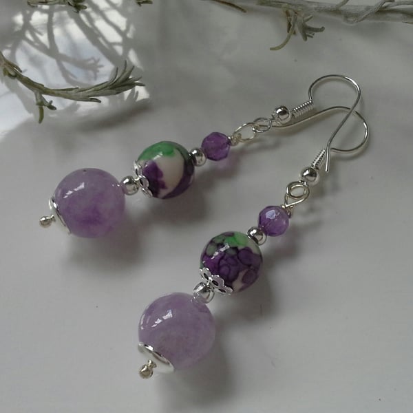 Lavender Amethyst , Faceted Amethyst & Jasper Earrings