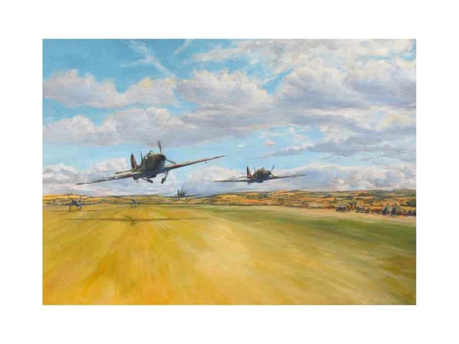 HAWKER HURRICANES SCRAMBLE Greeting Card- Aviation Art Card- 7"x5" Blank Inside