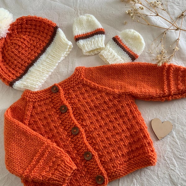 Hand Knitted Baby Cardigan Set – Autumn Unisex 3–6 Months