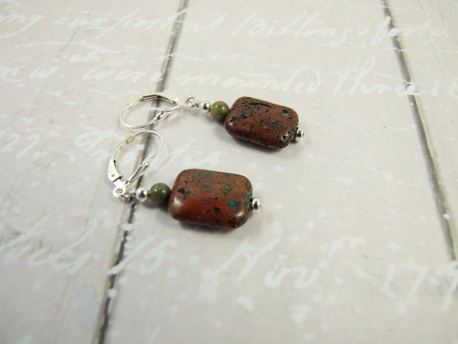Earrings, Sterling Silver, Lever Back with Ocean Jasper