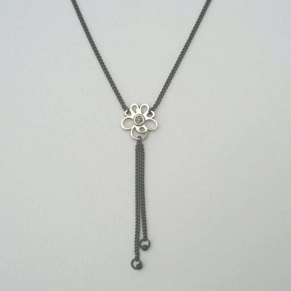 Sterling Silver and Oxidised Silver Primrose Pendant, 16" Chain