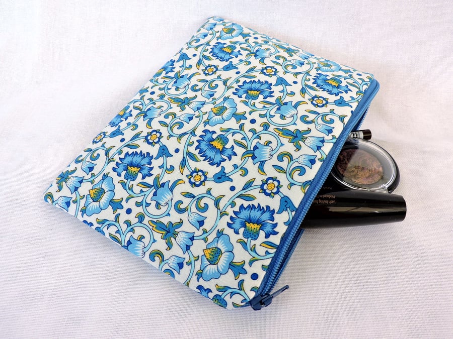  CLEARANCE SALE Make Up Bag, Cosmetic Bag, Floral Blue White Yellow