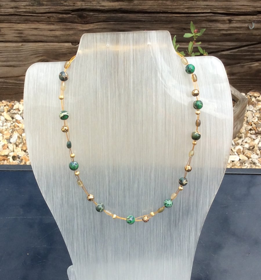 Variscite 3 Strand Weave Necklace in Greens and Gold