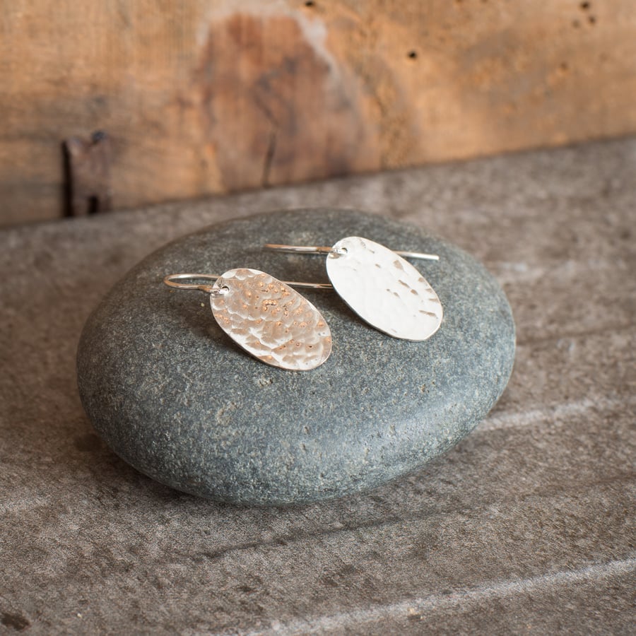 Oval Hammered Earrings Handmade from Sterling Silver