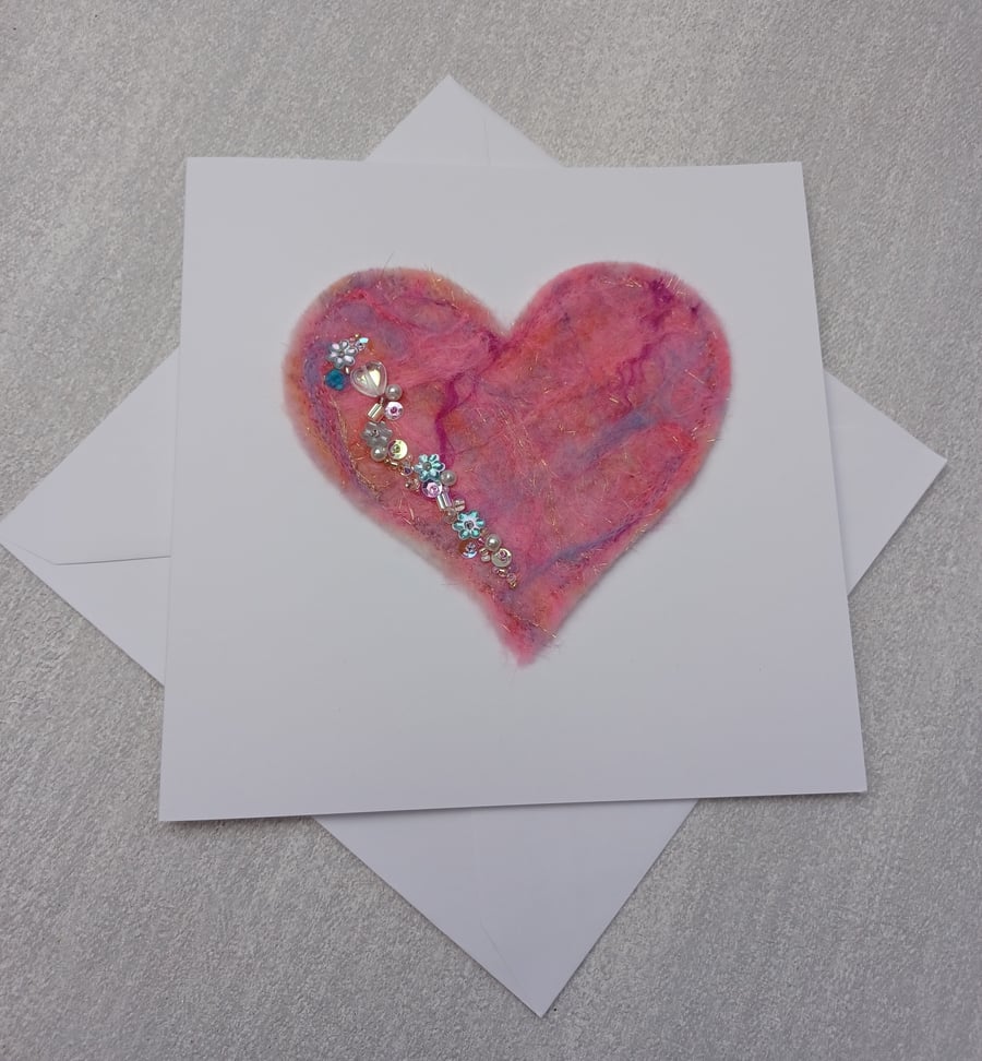 Pink beaded heart greetings card, Anniversary, wedding, felt cards, beads