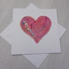 Beaded heart greetings card, large pink heart, Valentine, Anniversary, felt art