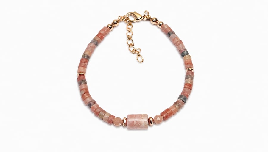 Pink Opal & Plum Blossom Jade Bracelet with Sunstone – Handmade Gemstone Gift