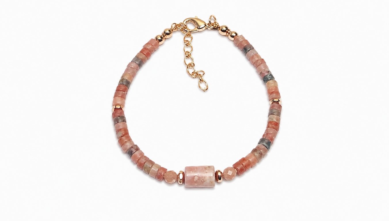 Pink Opal & Plum Blossom Jade Bracelet with Sunstone – Handmade Gemstone Gift