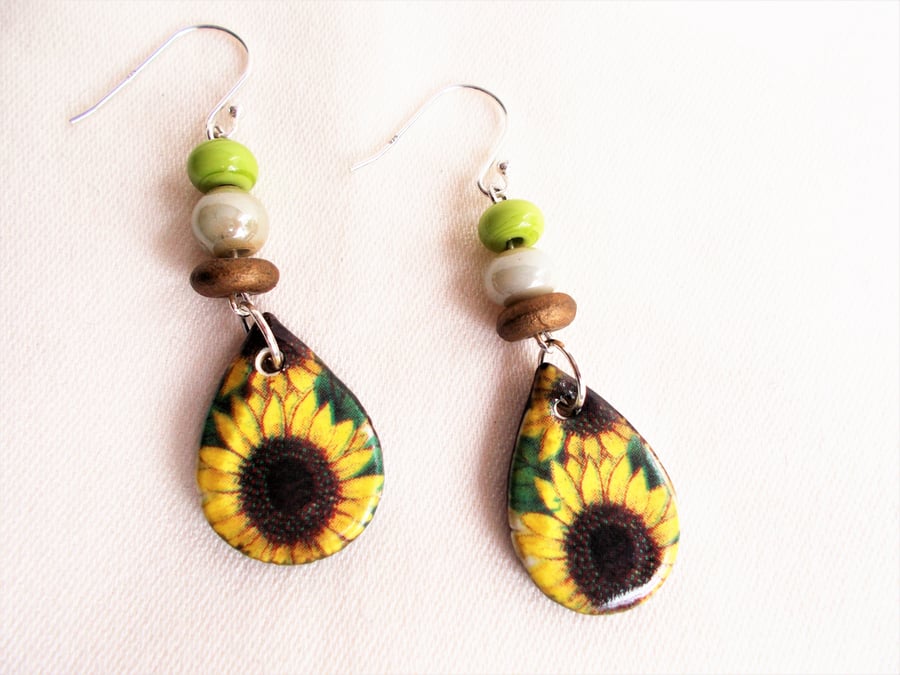 Ceramic Sunflower Drop Earrings - FREE UK post