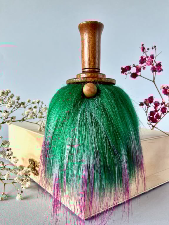Vibrant, hand-turned wooden Gonk. EXTRA FLUFFY beard in green with hot pink tips