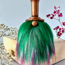 Vibrant, hand-turned wooden Gonk. EXTRA FLUFFY beard in green with hot pink tips
