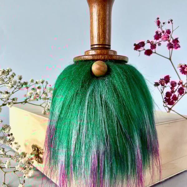Vibrant, hand-turned wooden Gonk. EXTRA FLUFFY beard in green with hot pink tips