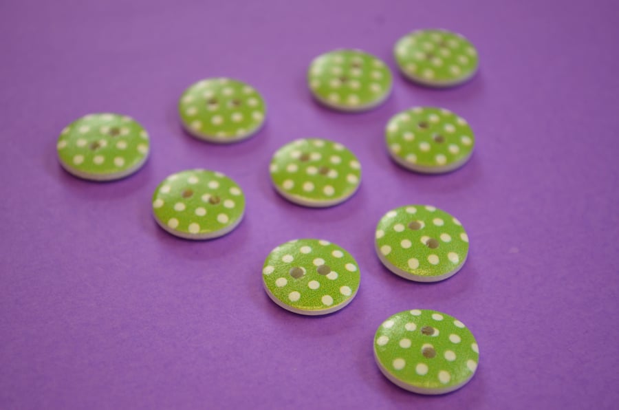 15mm Wooden Spotty Buttons Apple Green With White Dots 10pk Spot Dot (SSP10)