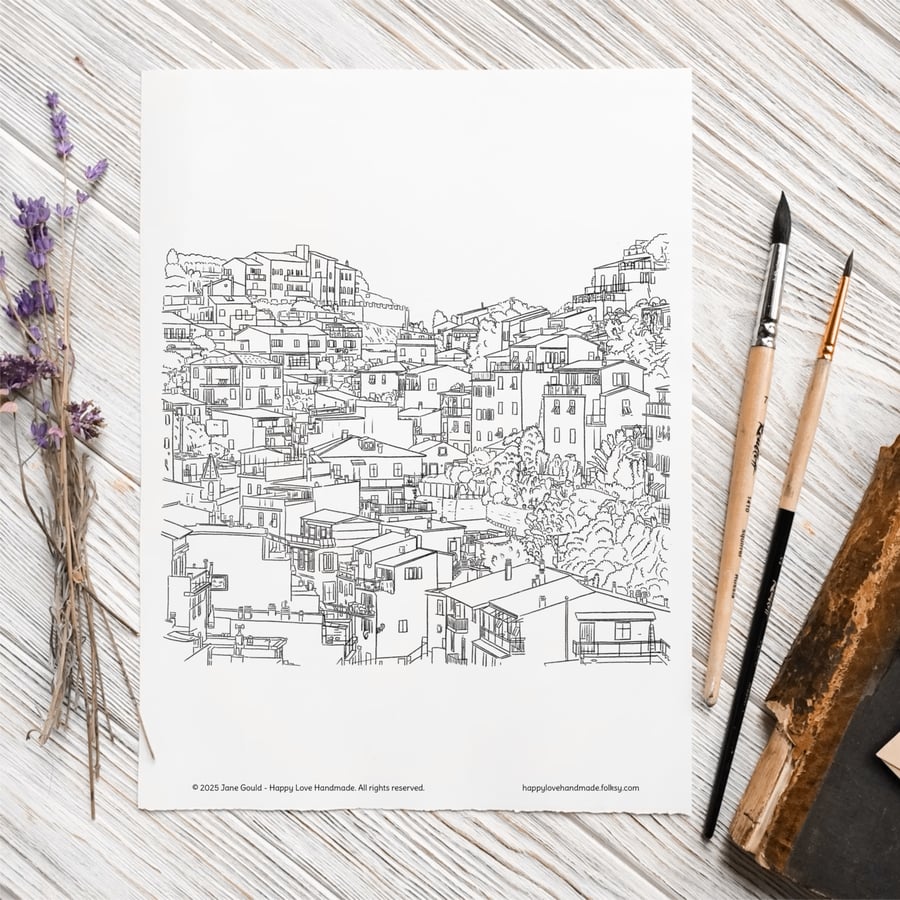 PDF Colouring Page, Riomaggiore Italy, Digital Download, A4 and US Letter