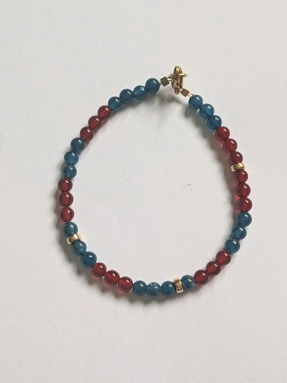 Semi Precious Red Agate and Apatite Gold Filled Beaded Bracelet