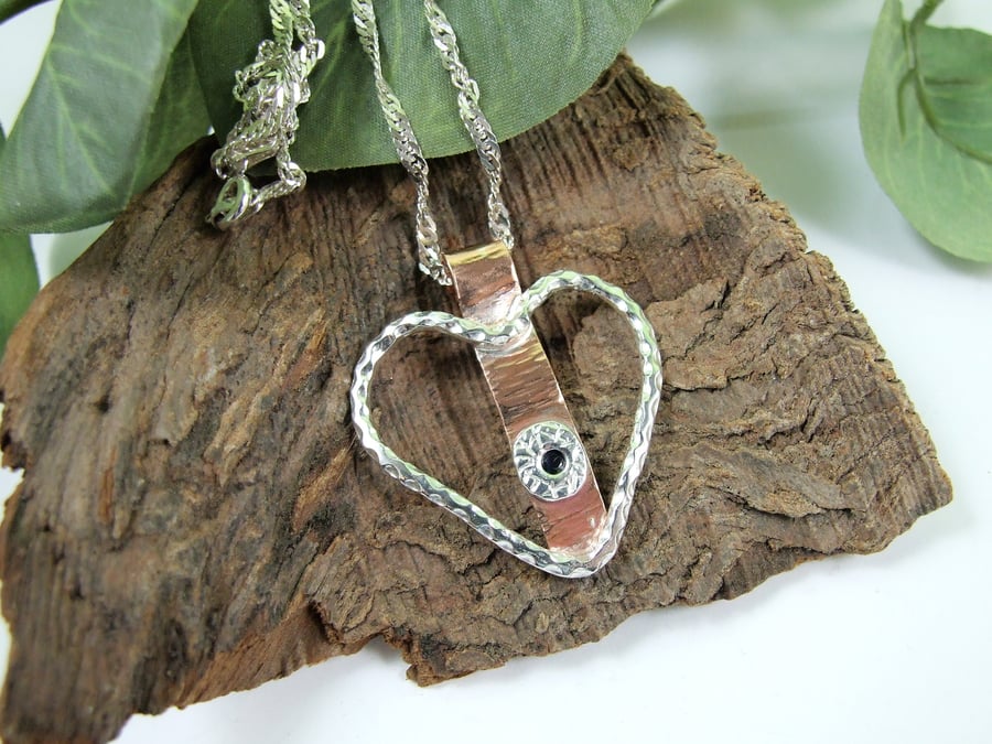 Pendant, Fancy Heart, Copper & Silver with Sapphire Gemstone Necklace