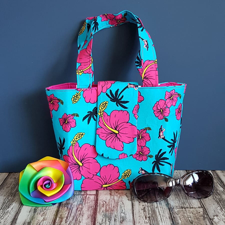 Pink Hibiscus Handbag with Matching Zip Pouch - Small Fabric Tote