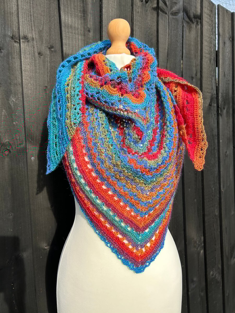 Bold colourful lace triangle shawl scarf in wool rich sock yarn