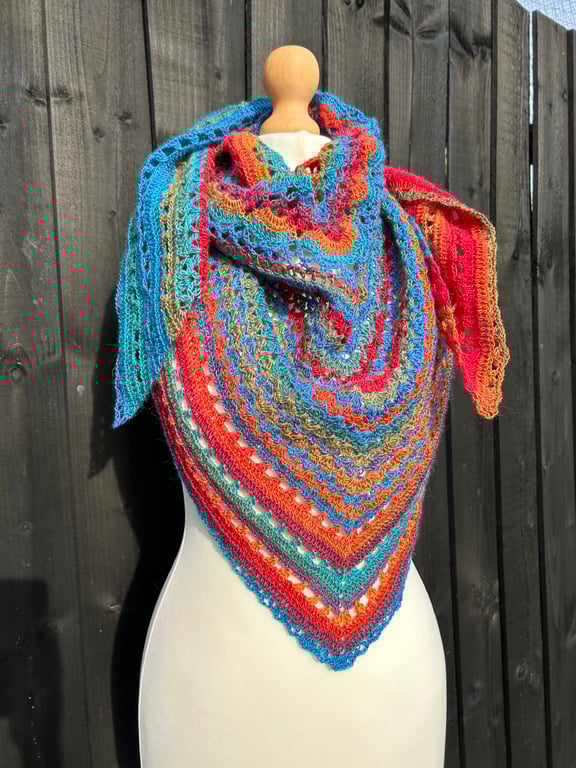 Bold colourful lace triangle shawl scarf in wool rich sock yarn