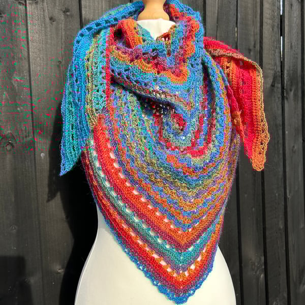 Bold colourful lace triangle shawl scarf in wool rich sock yarn