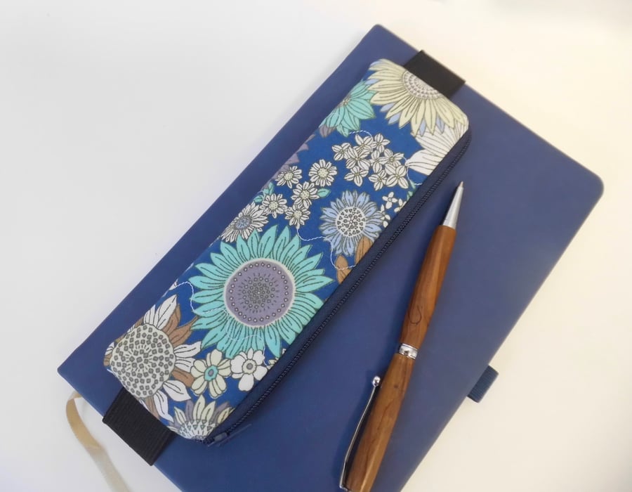  Pencil case for cover of book diary journal blue floral fabric