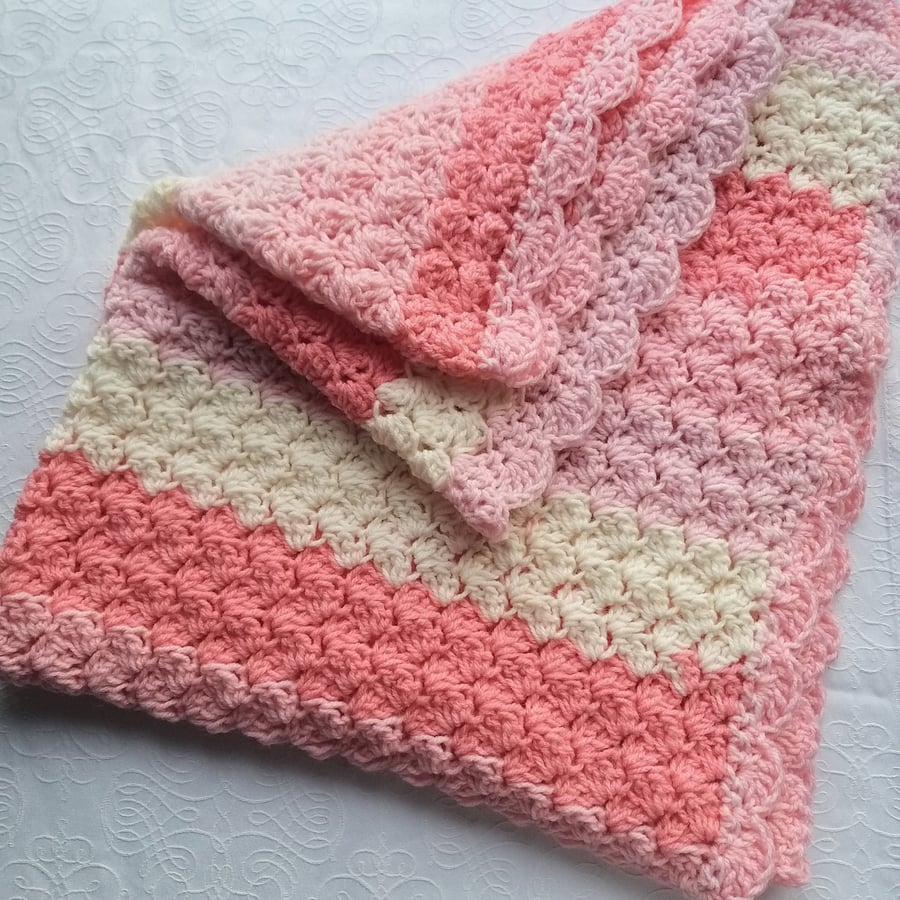 Seconds Sunday Crochet Baby Blanket. Pink & Cream Stripes