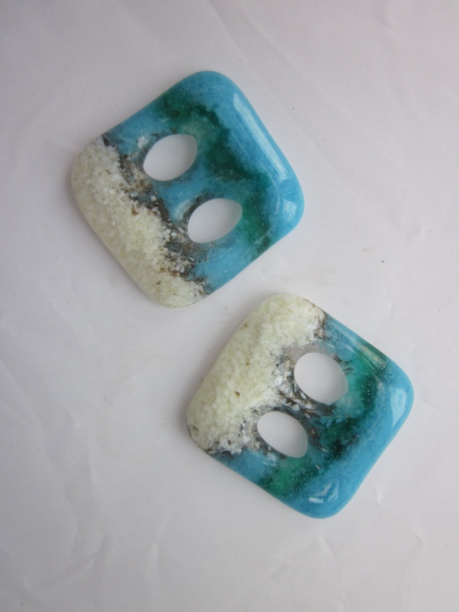 Handmade pair of cast glass buttons - Square beach