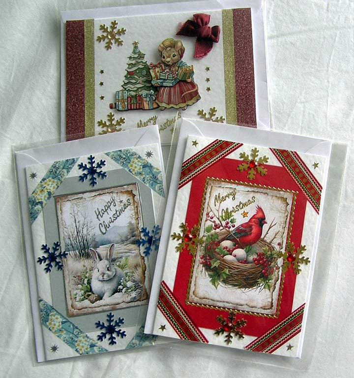 Set of 3 (Three) Beautiful Hand-Crafted Christmas Decoupage Greeting Cards (d)