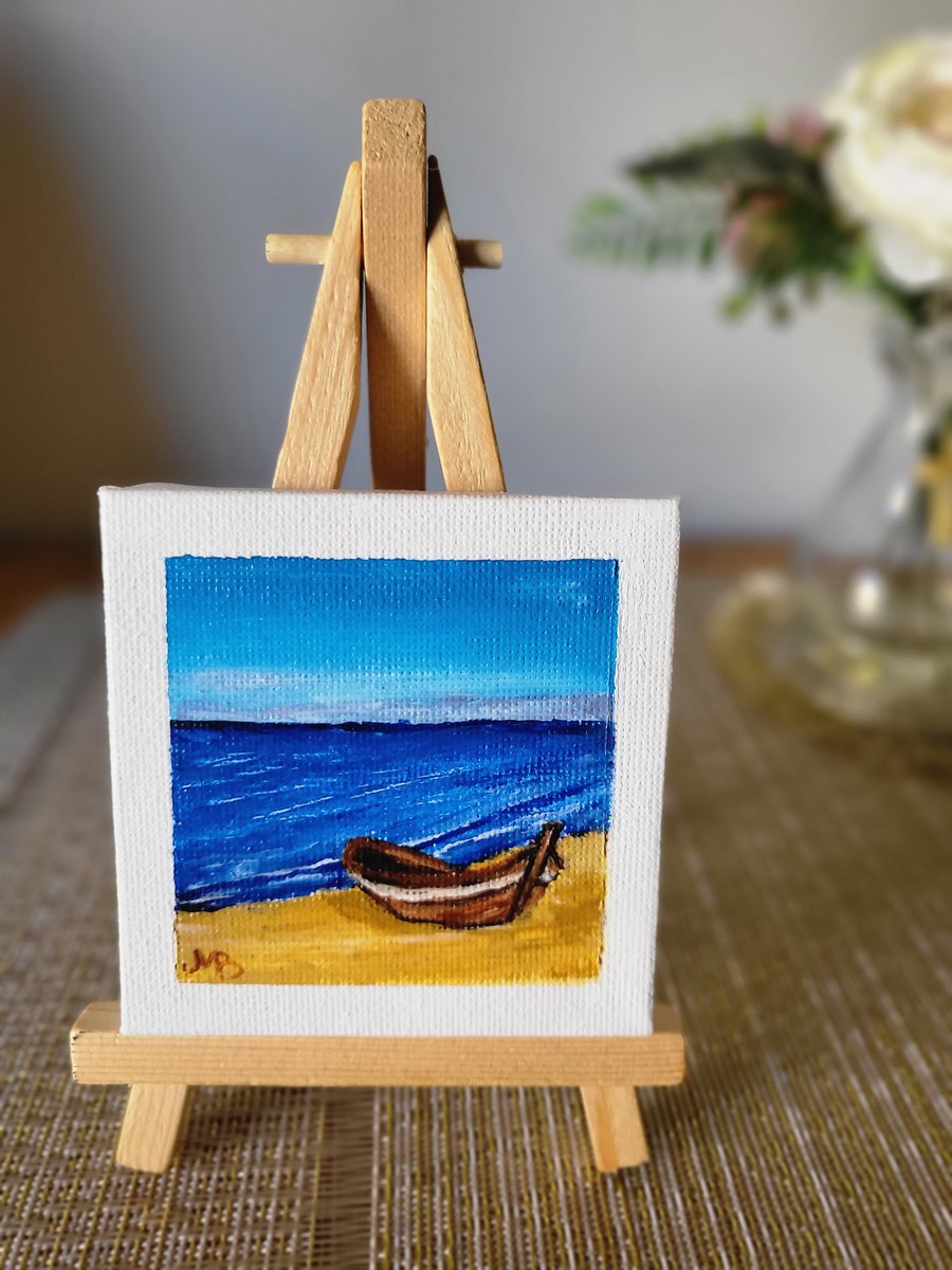 Original acrylic painting boat mini canvas seascape 