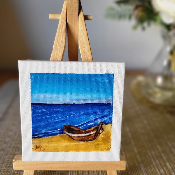 Original acrylic painting boat mini canvas seascape 