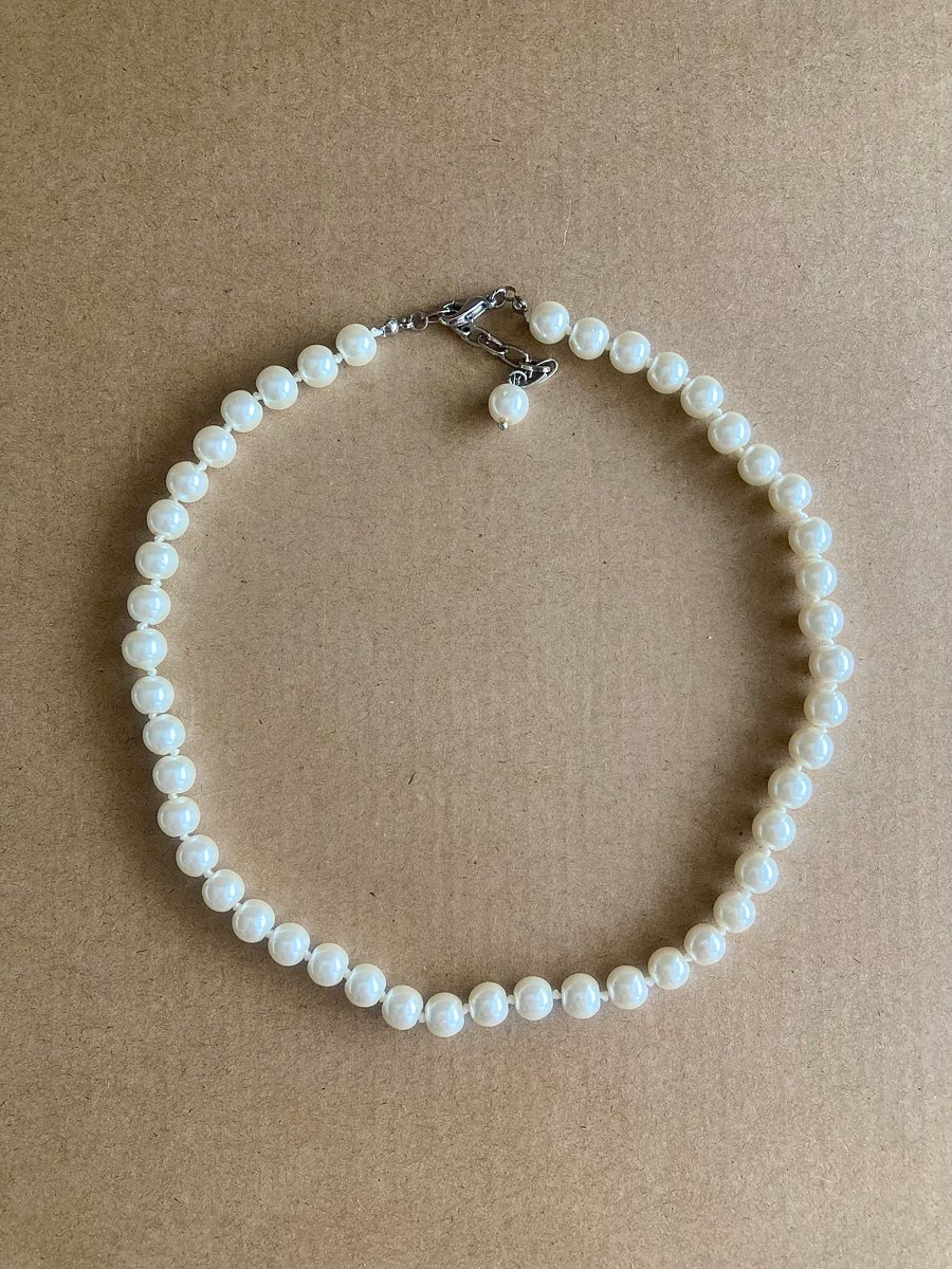 Gorgeous hand knotted 7mm acrylic faux pearl 16.5'' long necklace - handmade 