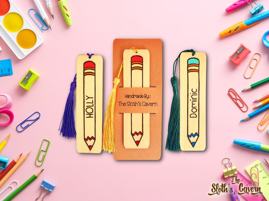 Bookmark Personalised With Pencil Pyrography Image And Name - Double Sided