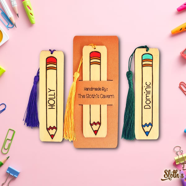 Bookmark Personalised With Pencil Pyrography Image And Name - Double Sided