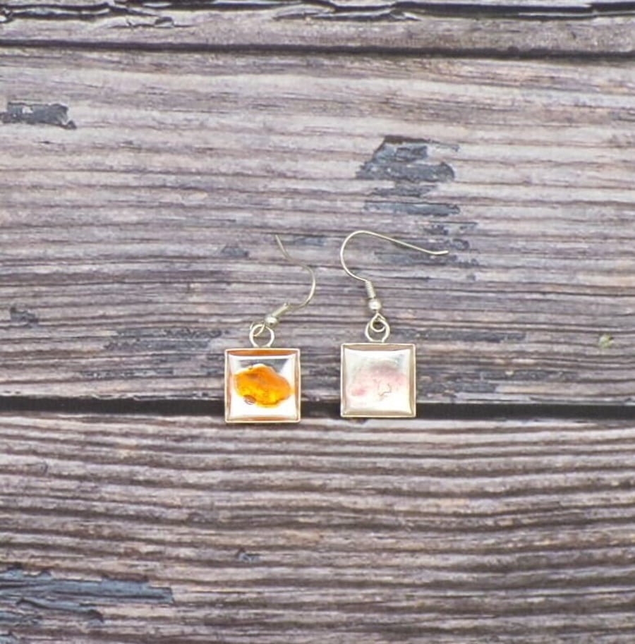 Cornish Sea Glass Dangle Earrings Resin Encased, Silver Square