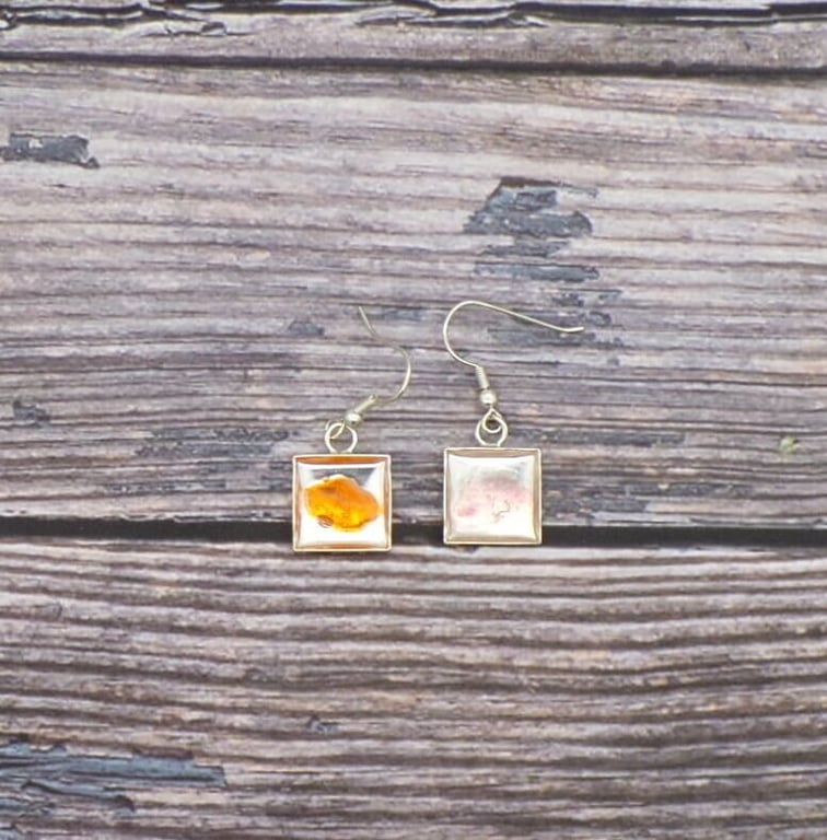 Cornish Sea Glass Dangle Earrings Resin Encased, Silver Square