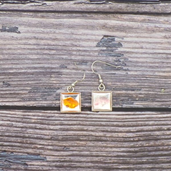 Cornish Sea Glass Dangle Earrings Resin Encased, Silver Square