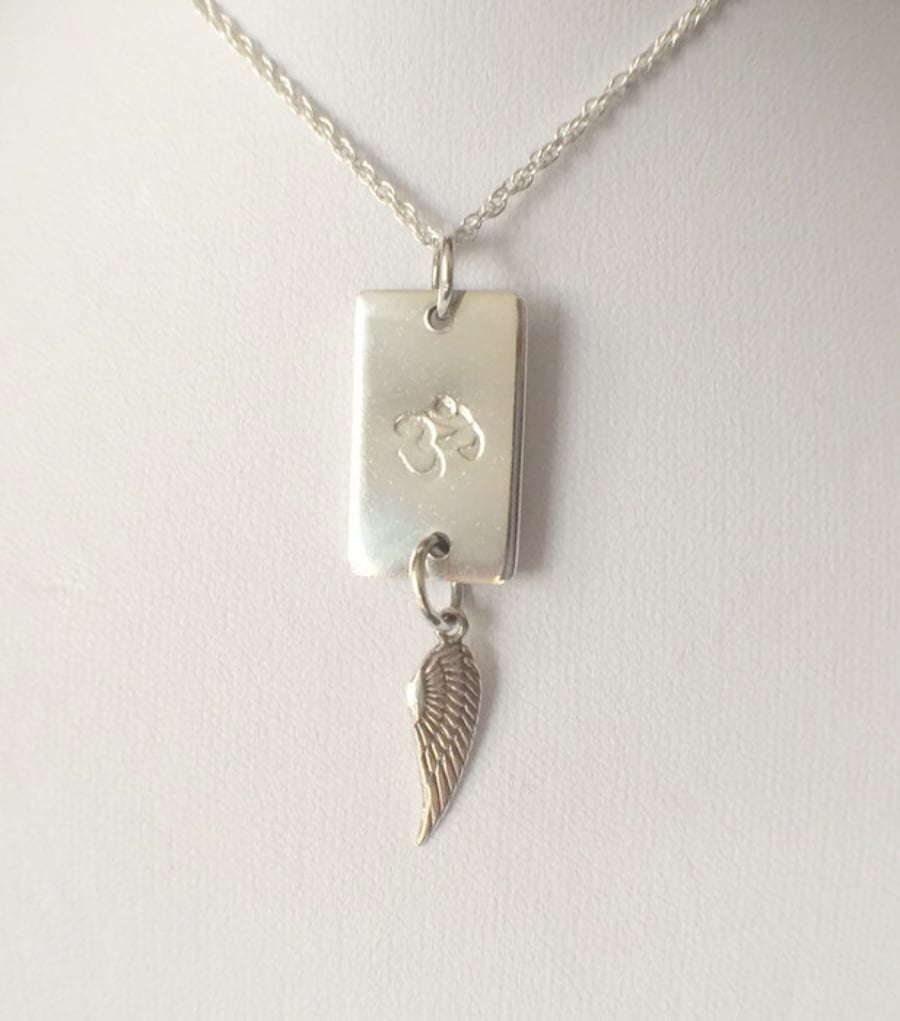 Sterling Silver OHM Angel Wing Charm Necklace 