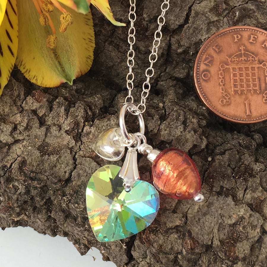 Three Hearts Necklace. Crystal, Venetian glass and Silver Pendant. Three Hearts.