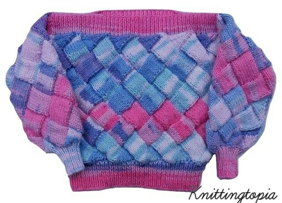 Hand knitted jumper in sparkly pink and blue entrelac 2 - 3 years Seconds Sunday