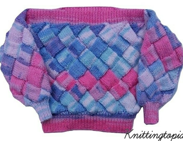 Hand knitted jumper in sparkly pink and blue entrelac 2 - 3 years Seconds Sunday