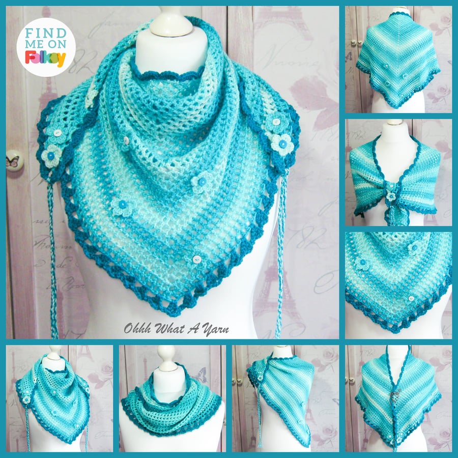 Crochet ladies turquoise ombre shawl, scarf, shawlette, wrap.