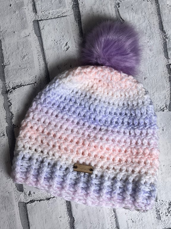 Pink & Purple Beanie with Faux Fur Pom-Pom